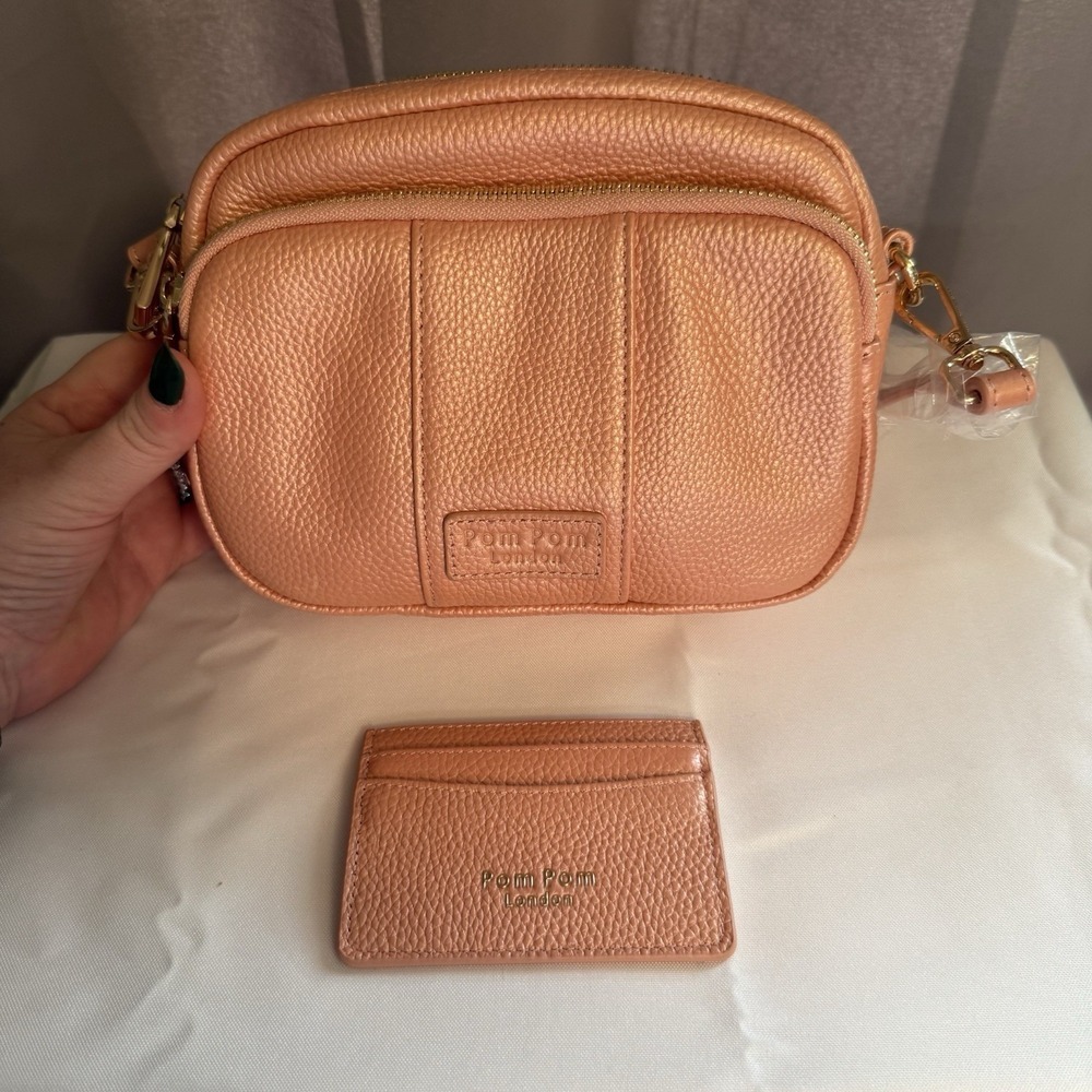Pom Pom London Rose Gold Pink Original Leather Crossbody Purse Bag Card Case